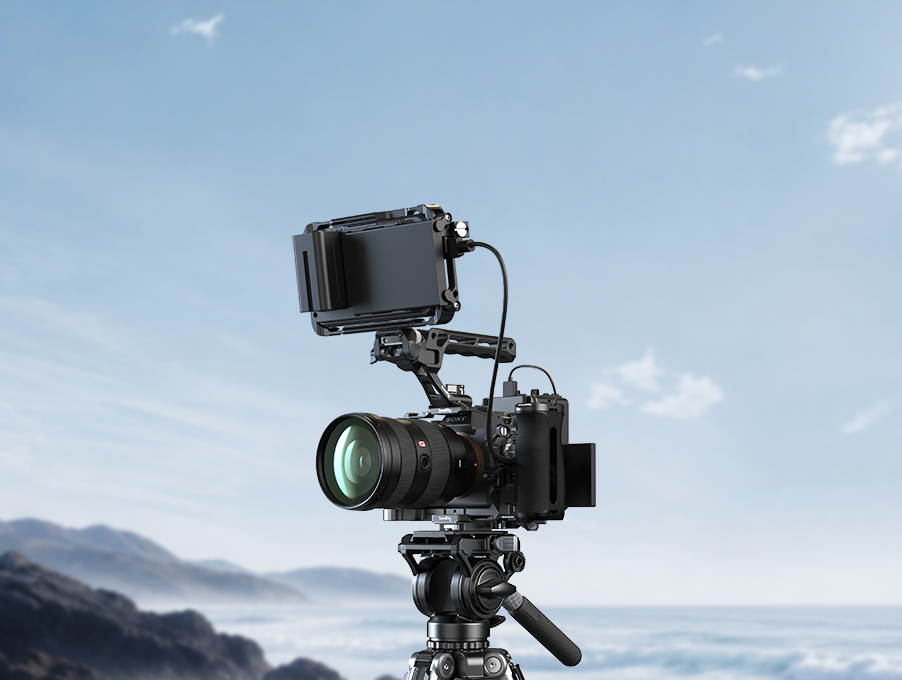 Camera rig with monitor and cage on location